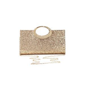 Gold Glitter Evening Clutch - Rhinestone Top Handle Party Handbag